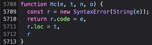 A screenshot of JavaScript function that threw the syntax error.
