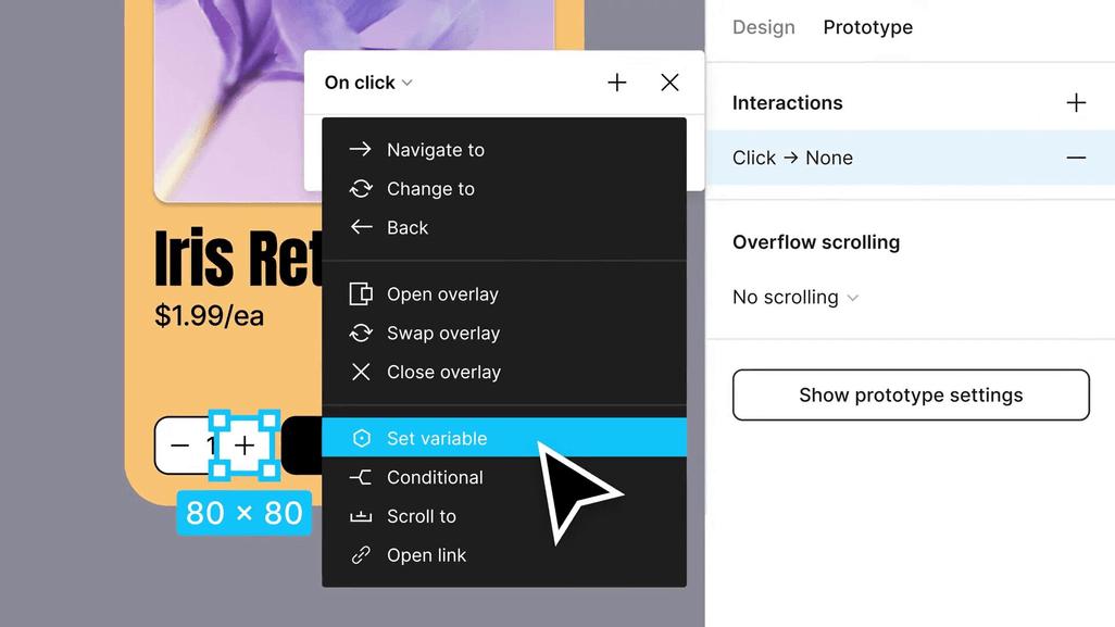 Screenshot of the prototyping actions menu containing the new set variable and conditional options