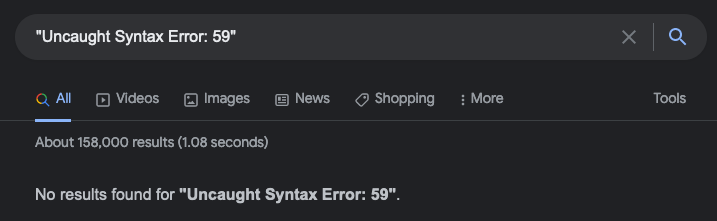No results found for a google search of Uncaught Syntax Error: 59
